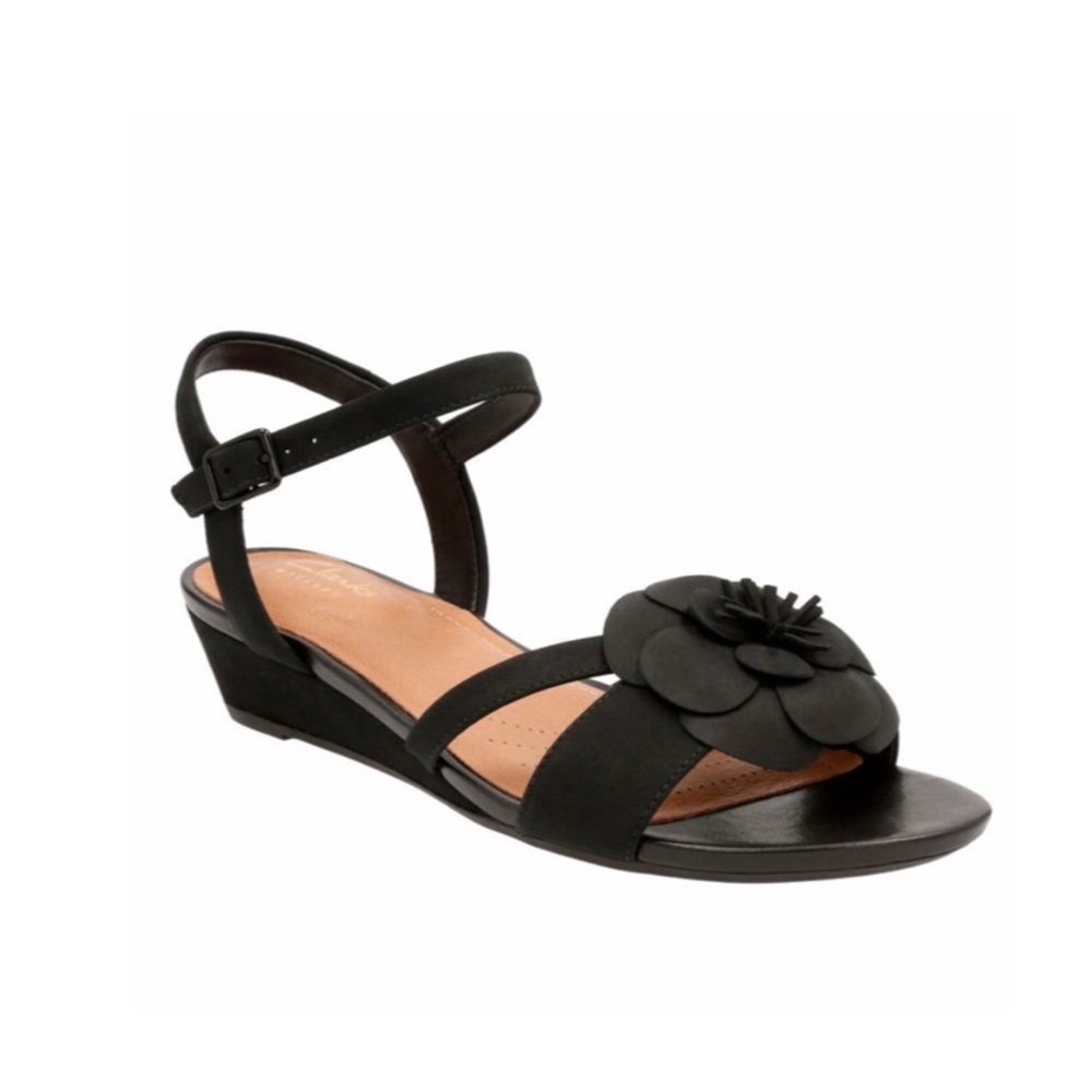 Clarks Artisan Parram Stella Flower Black Sandal Heel Wedge